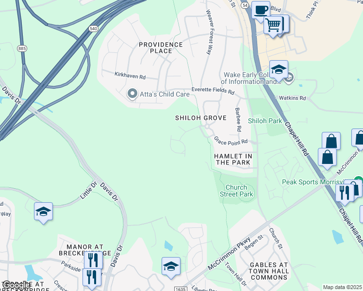 map of restaurants, bars, coffee shops, grocery stores, and more near 206 Suffolk Green Lane in Morrisville