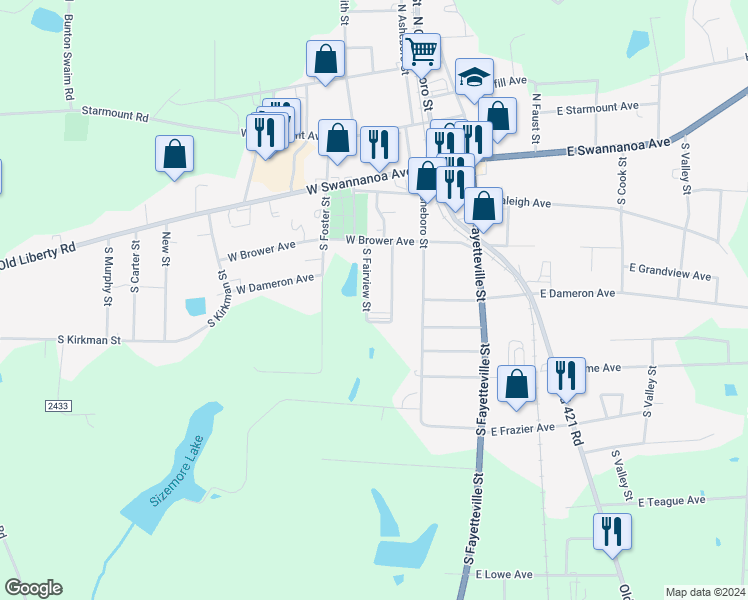 map of restaurants, bars, coffee shops, grocery stores, and more near 307 South Fairview Street in Liberty