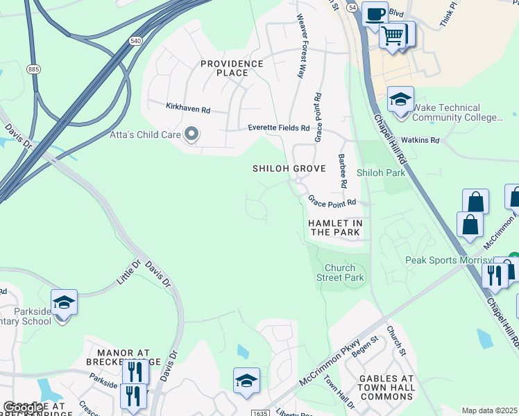 map of restaurants, bars, coffee shops, grocery stores, and more near 204 Suffolk Green Lane in Morrisville