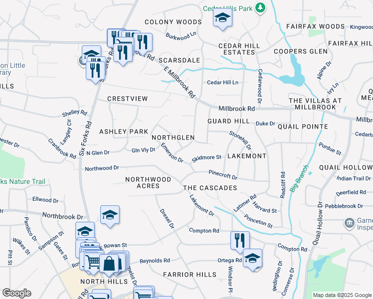 map of restaurants, bars, coffee shops, grocery stores, and more near 5208 Knollwood Road in Raleigh