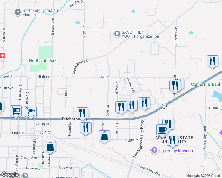 map of restaurants, bars, coffee shops, grocery stores, and more near 409 State Street in Jonesboro