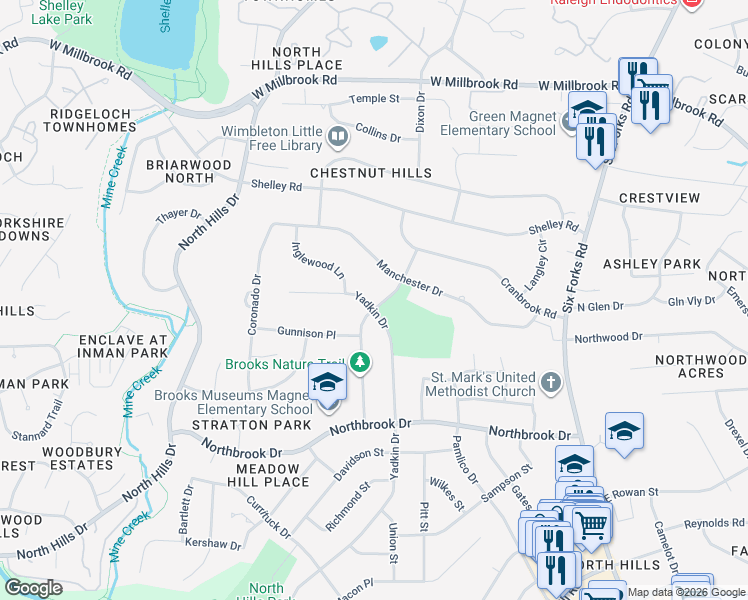 map of restaurants, bars, coffee shops, grocery stores, and more near 5001 Rampart Street in Raleigh