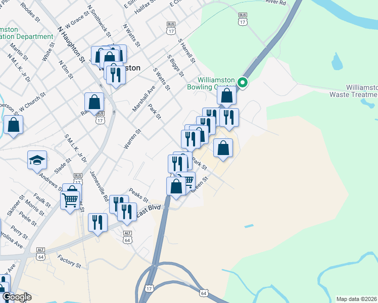 map of restaurants, bars, coffee shops, grocery stores, and more near 800-822 East Boulevard in Williamston