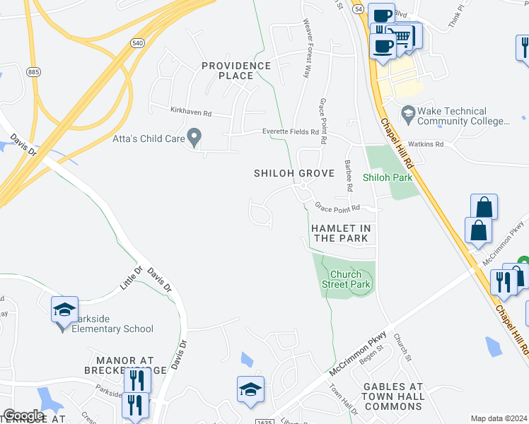 map of restaurants, bars, coffee shops, grocery stores, and more near 204 Suffolk Green Lane in Morrisville