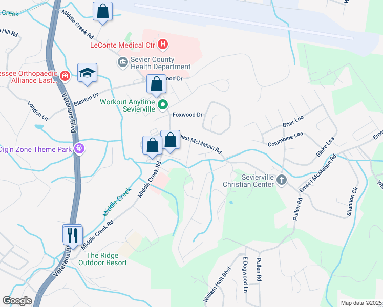 map of restaurants, bars, coffee shops, grocery stores, and more near 3 Fine Lane in Sevierville