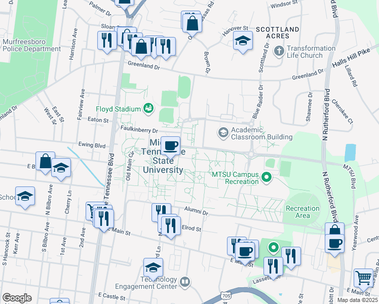 map of restaurants, bars, coffee shops, grocery stores, and more near 1524 Military Memorial in Murfreesboro