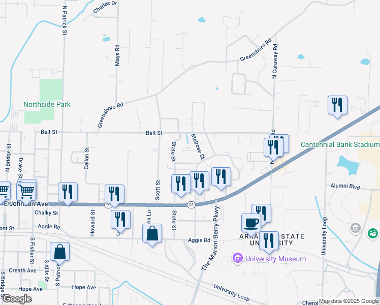 map of restaurants, bars, coffee shops, grocery stores, and more near 1813 Self Circle in Jonesboro