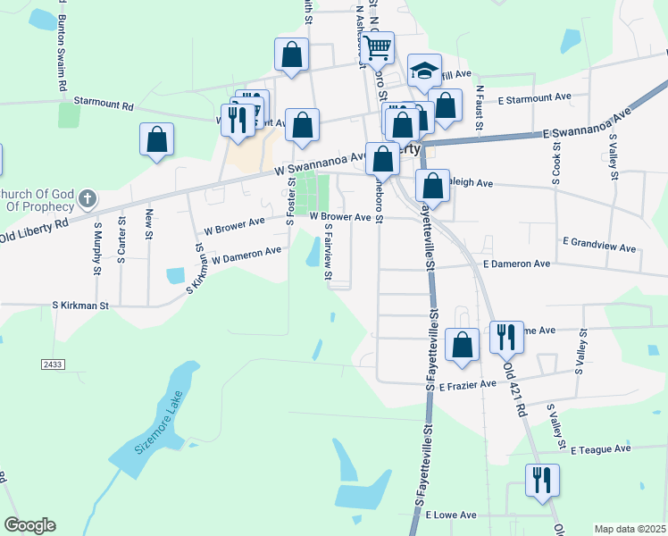map of restaurants, bars, coffee shops, grocery stores, and more near 307 South Fairview Street in Liberty