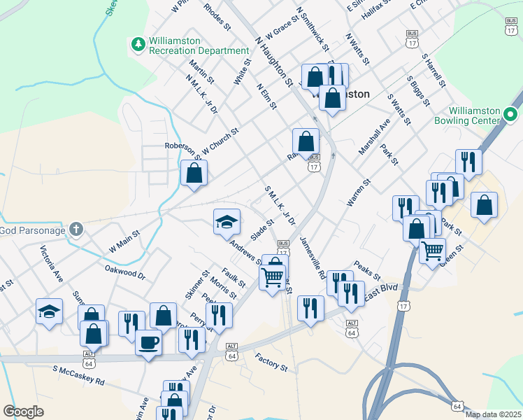map of restaurants, bars, coffee shops, grocery stores, and more near 210 Hunter Street in Williamston