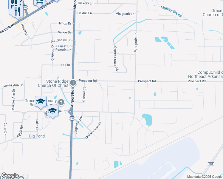 map of restaurants, bars, coffee shops, grocery stores, and more near 4401 Prospect Road in Jonesboro