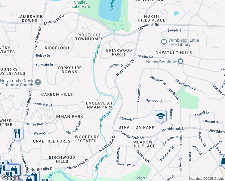map of restaurants, bars, coffee shops, grocery stores, and more near 5305 Thayer Drive in Raleigh