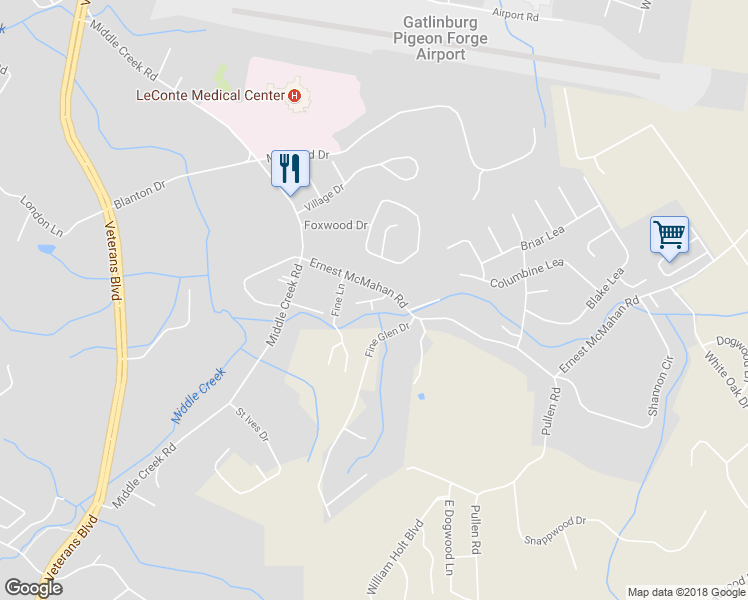 map of restaurants, bars, coffee shops, grocery stores, and more near Oak Cluster Drive in Sevierville