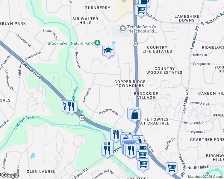 map of restaurants, bars, coffee shops, grocery stores, and more near 4701 Wildwood Street in Raleigh