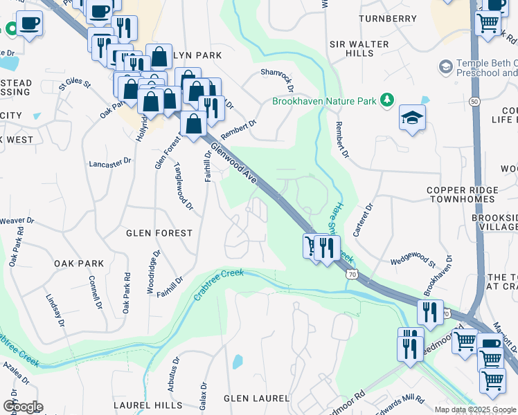 map of restaurants, bars, coffee shops, grocery stores, and more near 4810 Bluestone Drive in Raleigh