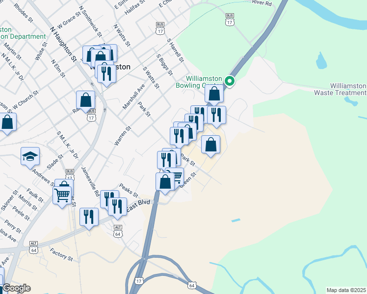 map of restaurants, bars, coffee shops, grocery stores, and more near 800 East Boulevard in Williamston