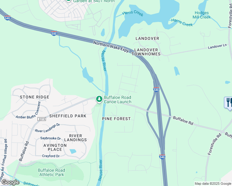 map of restaurants, bars, coffee shops, grocery stores, and more near 5100-5198 South Pine Court in Raleigh