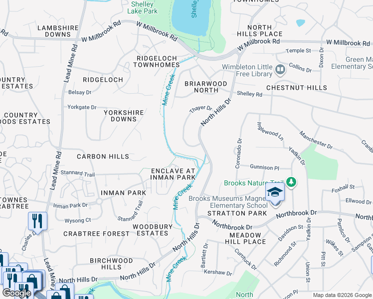 map of restaurants, bars, coffee shops, grocery stores, and more near 5305 Thayer Drive in Raleigh
