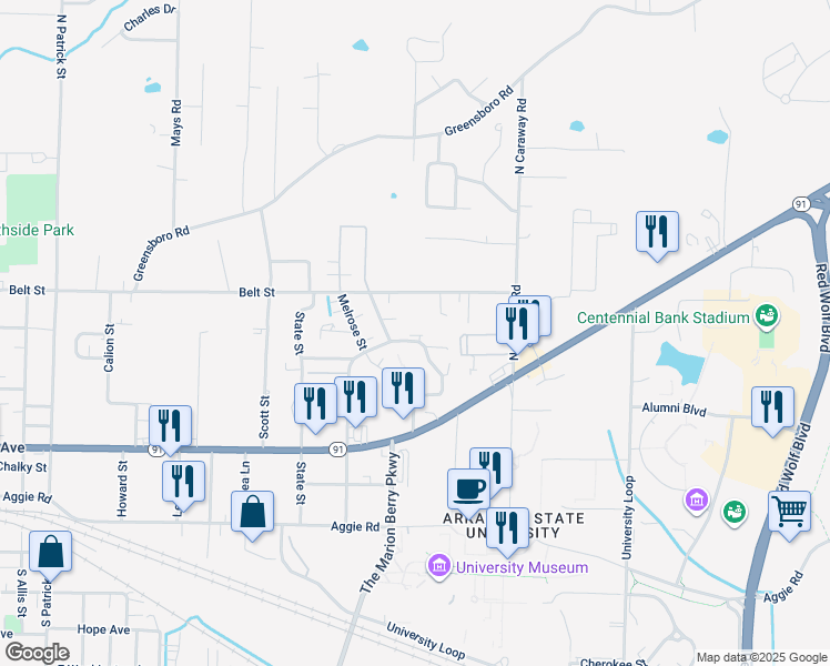 map of restaurants, bars, coffee shops, grocery stores, and more near 331 Russell Drive in Jonesboro