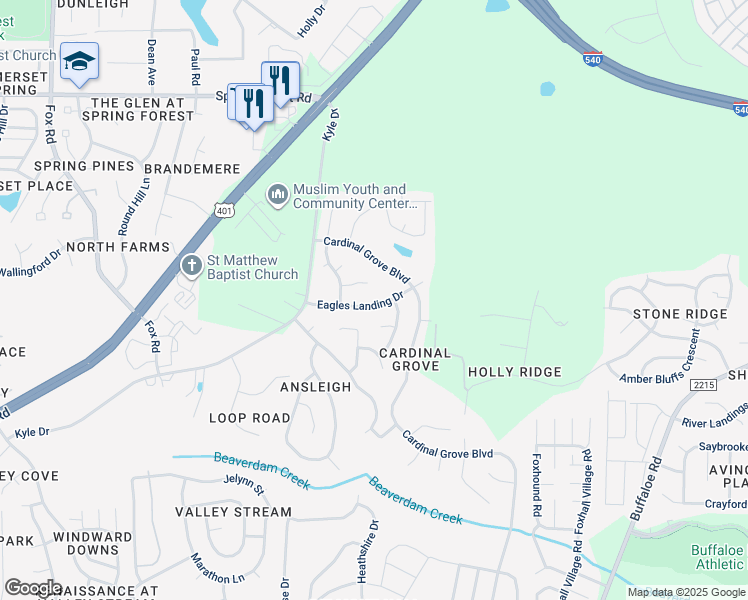 map of restaurants, bars, coffee shops, grocery stores, and more near 5301 Eagles Landing Drive in Raleigh