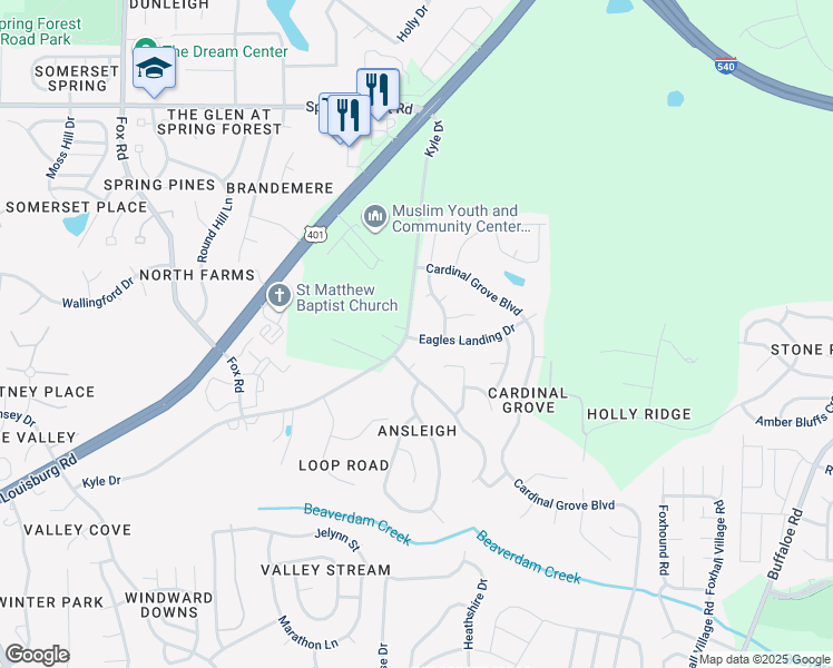 map of restaurants, bars, coffee shops, grocery stores, and more near 5101 Eagles Landing Drive in Raleigh