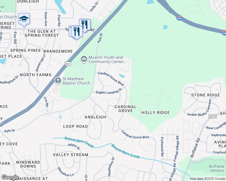 map of restaurants, bars, coffee shops, grocery stores, and more near 5301 Eagles Landing Drive in Raleigh