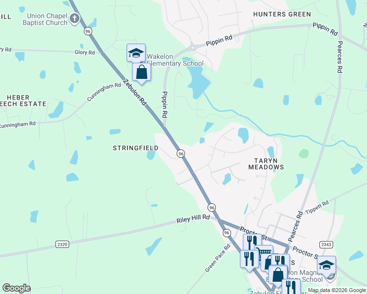 map of restaurants, bars, coffee shops, grocery stores, and more near 8621 Bobbfield Way in Zebulon