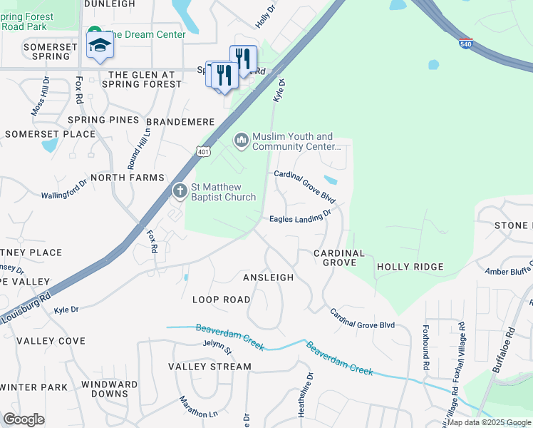 map of restaurants, bars, coffee shops, grocery stores, and more near 5101 Eagles Landing Drive in Raleigh