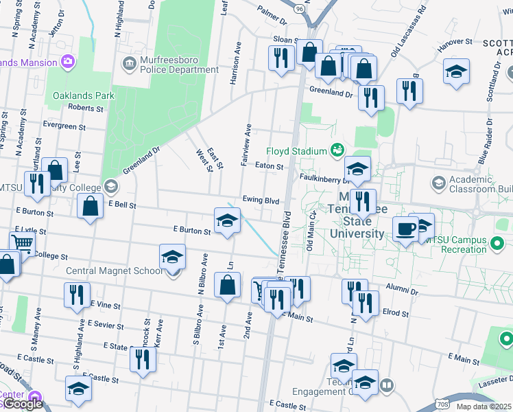 map of restaurants, bars, coffee shops, grocery stores, and more near 1021 East Bell Street in Murfreesboro