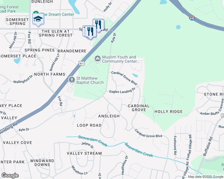 map of restaurants, bars, coffee shops, grocery stores, and more near 5112 Eagles Landing Drive in Raleigh