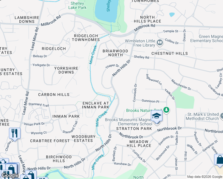 map of restaurants, bars, coffee shops, grocery stores, and more near 5305 Thayer Drive in Raleigh