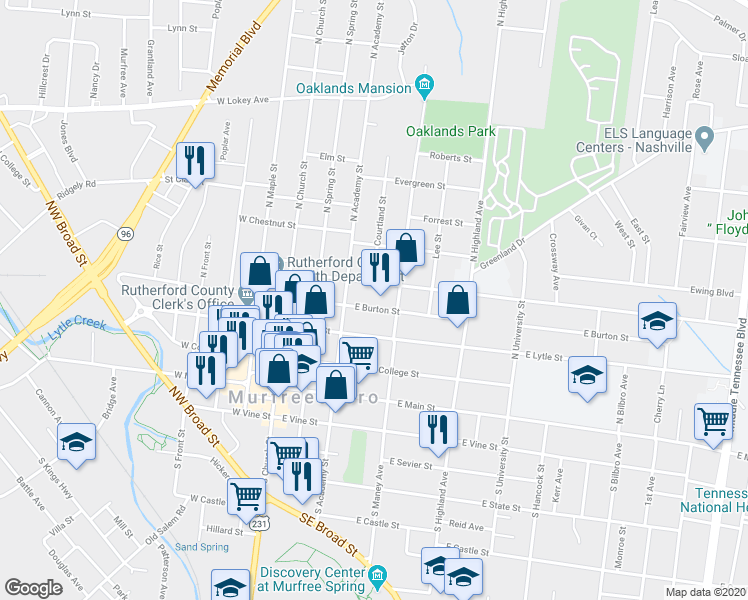 map of restaurants, bars, coffee shops, grocery stores, and more near 321 North Maney Avenue in Murfreesboro