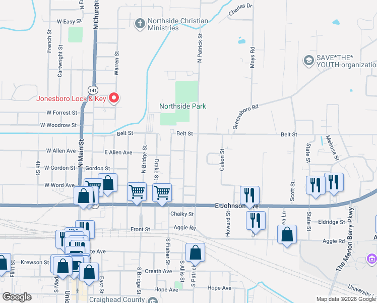 map of restaurants, bars, coffee shops, grocery stores, and more near 345 North Allis Street in Jonesboro