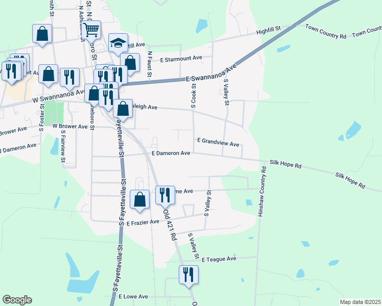map of restaurants, bars, coffee shops, grocery stores, and more near East Dameron Avenue in Liberty