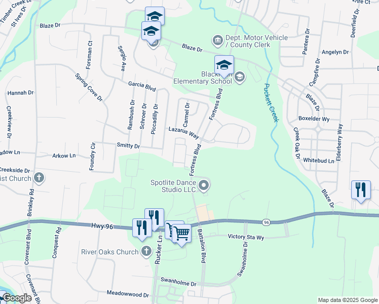 map of restaurants, bars, coffee shops, grocery stores, and more near 341 Fortress Boulevard in Murfreesboro