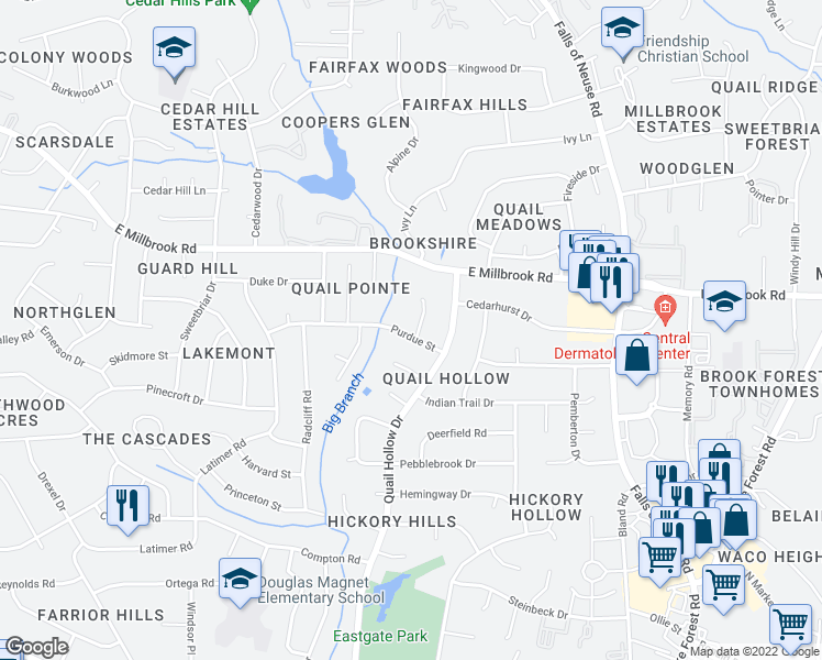 map of restaurants, bars, coffee shops, grocery stores, and more near 4101 Devonwood Court in Raleigh