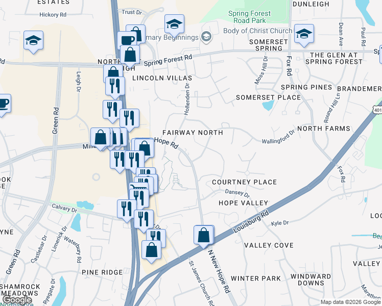 map of restaurants, bars, coffee shops, grocery stores, and more near 4840 North New Hope Road in Raleigh