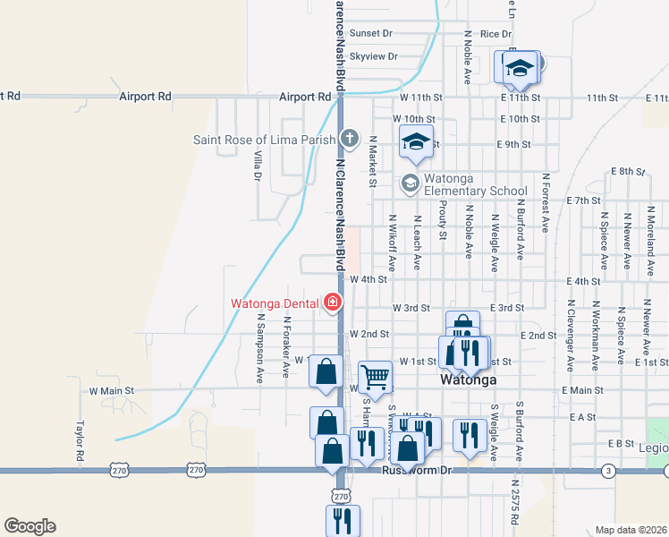 map of restaurants, bars, coffee shops, grocery stores, and more near 633 Circle Drive in Watonga