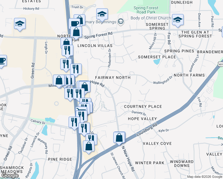 map of restaurants, bars, coffee shops, grocery stores, and more near 4840 North New Hope Road in Raleigh