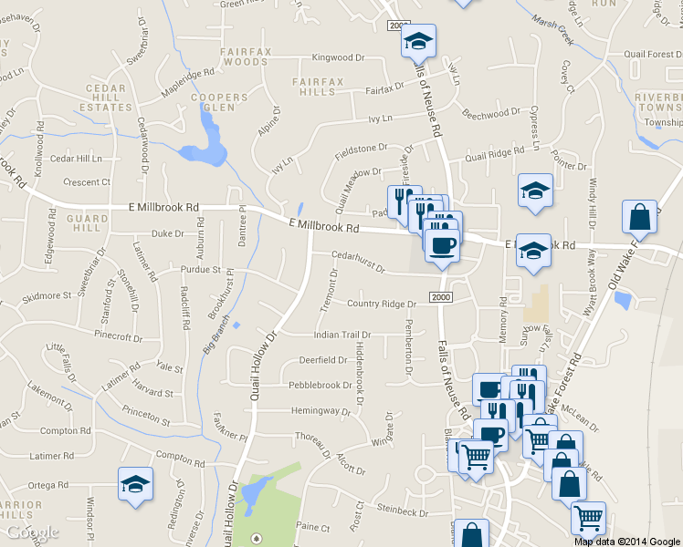 map of restaurants, bars, coffee shops, grocery stores, and more near 5006 Tremont Drive in Raleigh