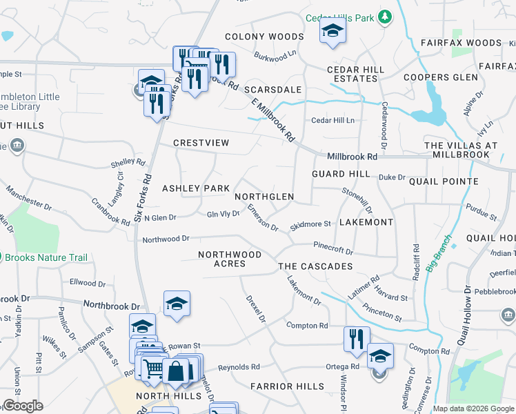 map of restaurants, bars, coffee shops, grocery stores, and more near 5200 Knollwood Road in Raleigh