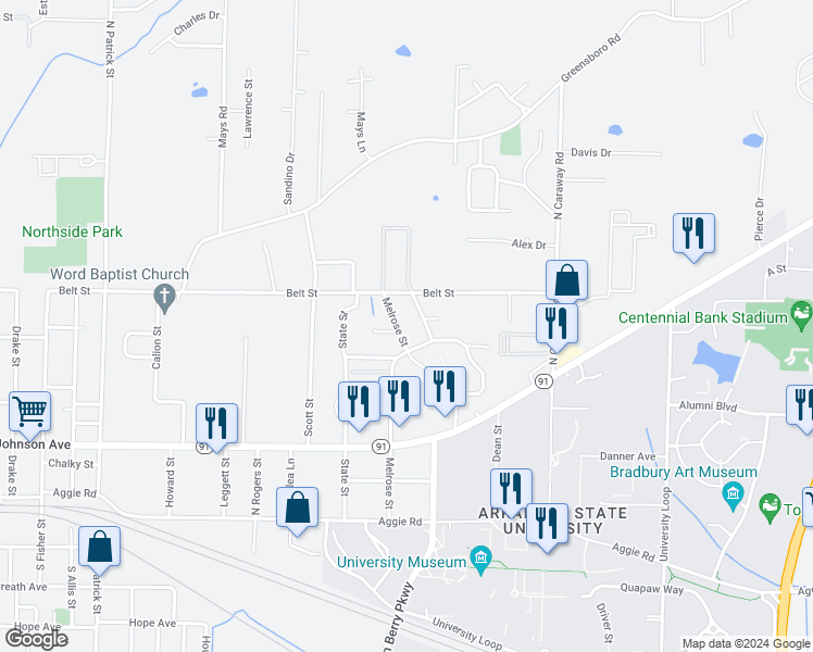 map of restaurants, bars, coffee shops, grocery stores, and more near 404 Melrose Street in Jonesboro