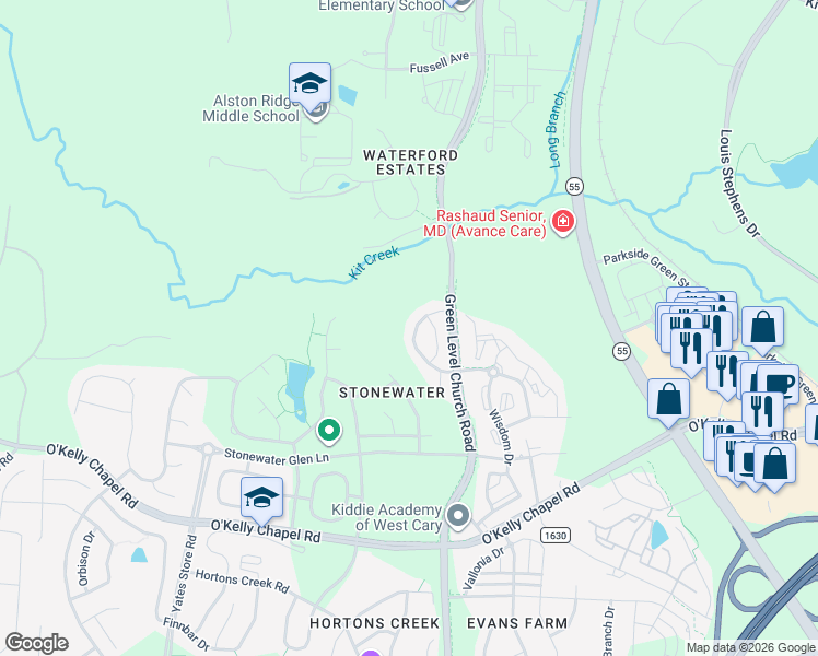 map of restaurants, bars, coffee shops, grocery stores, and more near 455 Panorama View Loop in Cary