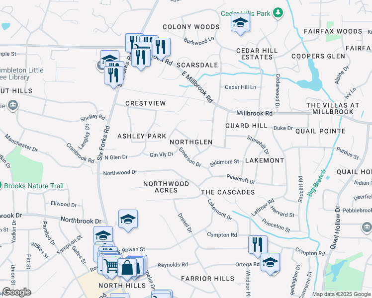 map of restaurants, bars, coffee shops, grocery stores, and more near 5200 Knollwood Road in Raleigh