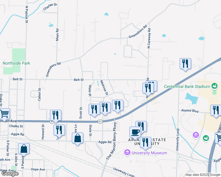 map of restaurants, bars, coffee shops, grocery stores, and more near 404 Melrose Street in Jonesboro