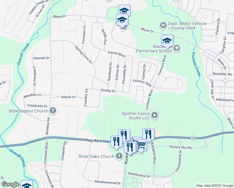 map of restaurants, bars, coffee shops, grocery stores, and more near 4555 Smitty Drive in Murfreesboro