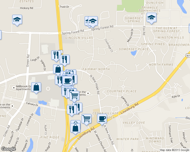 map of restaurants, bars, coffee shops, grocery stores, and more near 4840 North New Hope Road in Raleigh