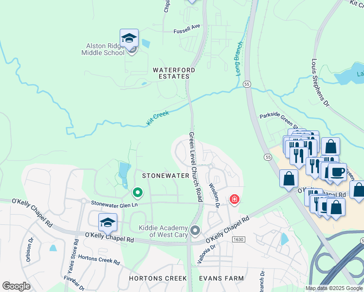 map of restaurants, bars, coffee shops, grocery stores, and more near 722 Silver Stream Lane in Cary