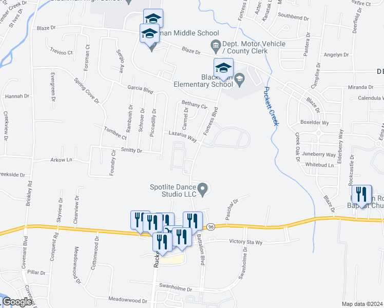 map of restaurants, bars, coffee shops, grocery stores, and more near 341 Fortress Boulevard in Murfreesboro