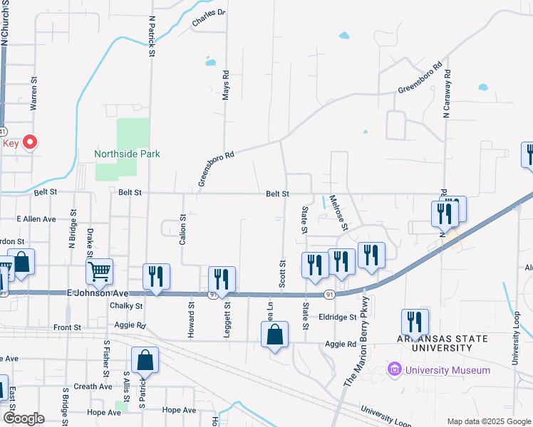 map of restaurants, bars, coffee shops, grocery stores, and more near 400 Scott Street in Jonesboro