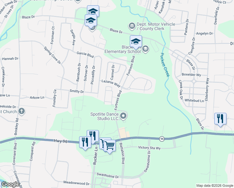 map of restaurants, bars, coffee shops, grocery stores, and more near 347 Fortress Boulevard in Murfreesboro